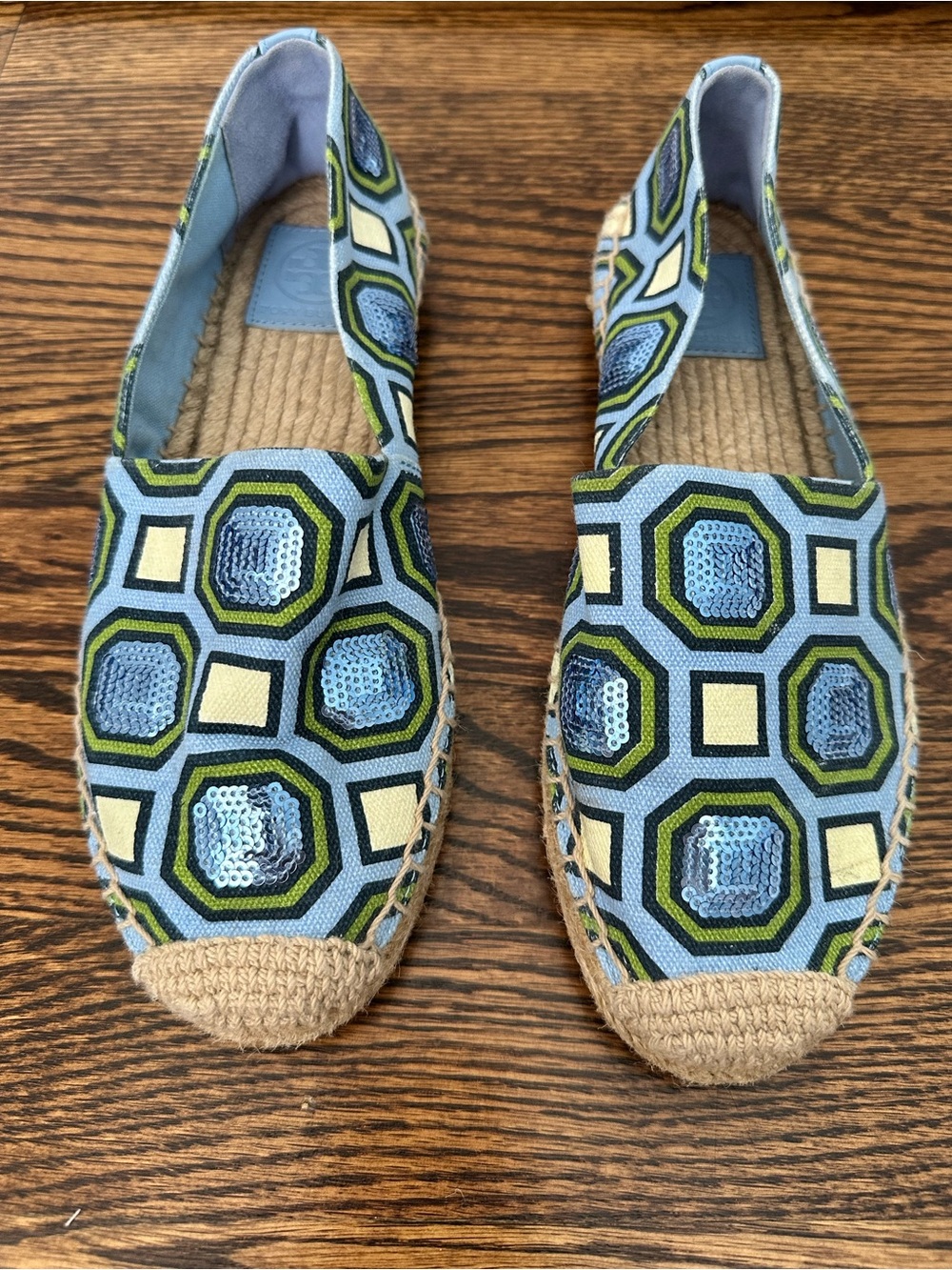 Tory Burch Cecily Blue Green Sequin Geometric Espadrille Flats Slip-Ons Sz 6.5